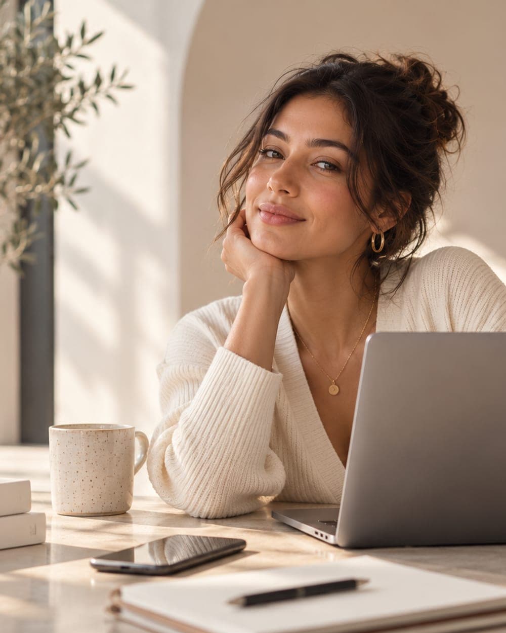 A woman in a cream knit rests her chin on her hand at a stone table, smiling into the camera, her laptop open beside her under a cream arch with an olive tree.