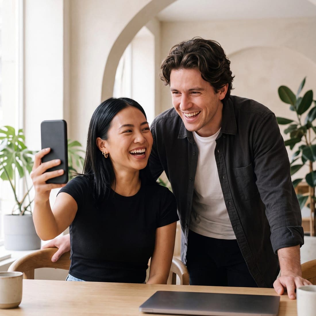 A young woman holds up her phone and laughs while a friend leans in laughing, in a plant-filled studio with an arch.