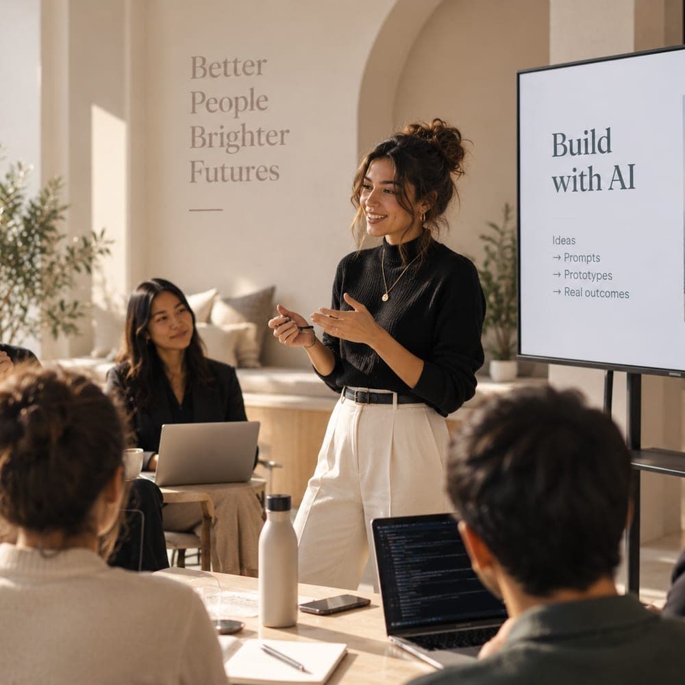 A woman in a black knit presents to a small group in a sunlit room, a screen beside her that reads Build with AI.
