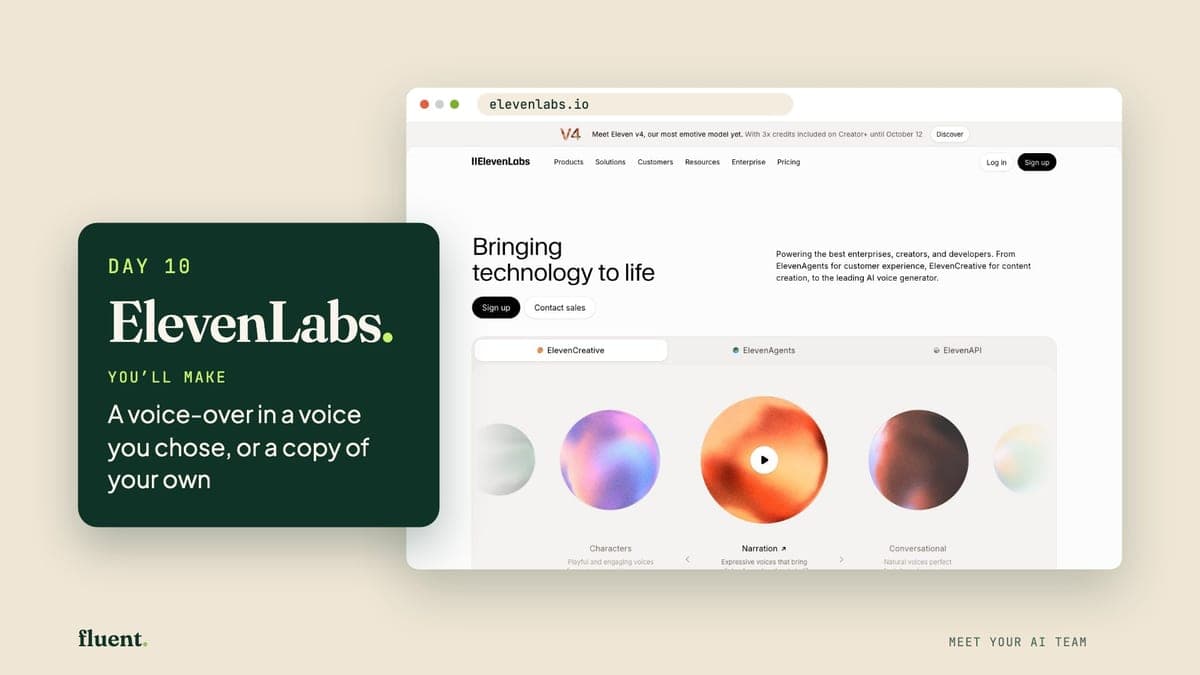 The Day 10 lesson cover: ElevenLabs's own page, with a card that reads Day 10, ElevenLabs.