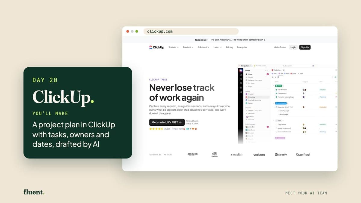 The Day 20 lesson cover: ClickUp's own page, with a card that reads Day 20, ClickUp.