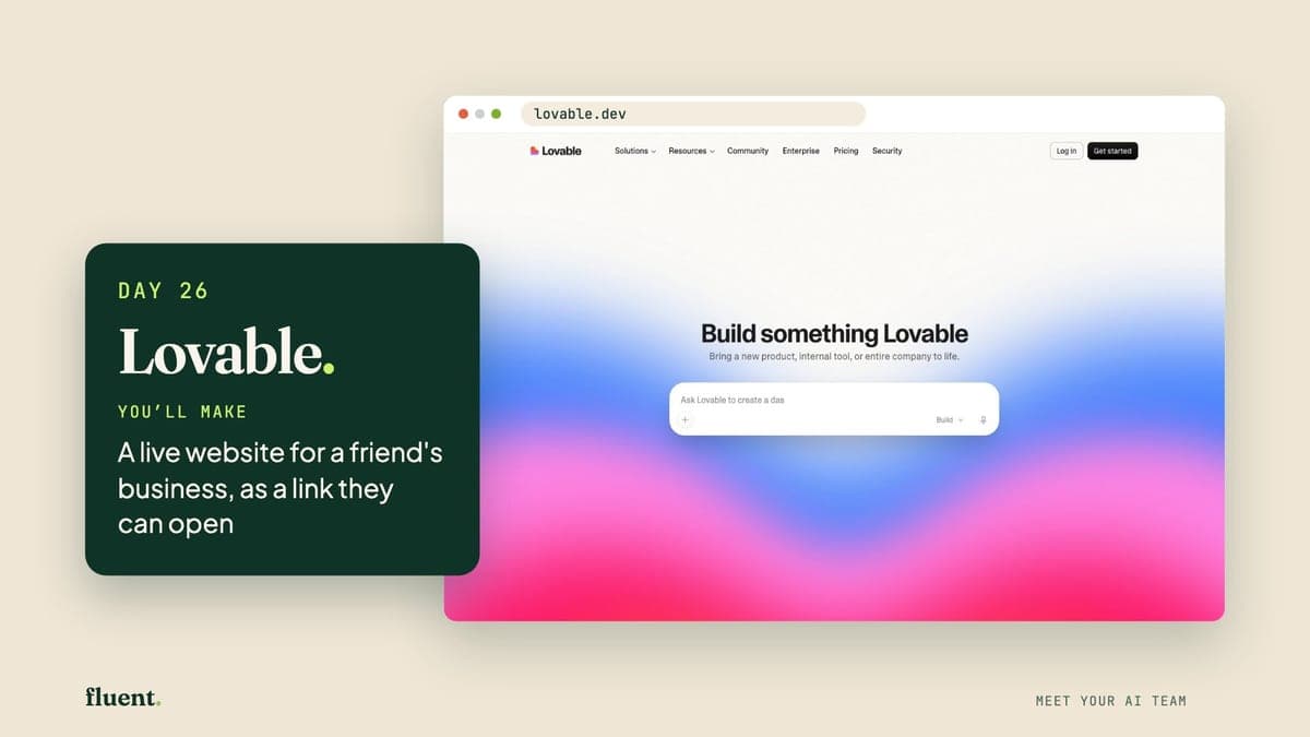 The Day 26 lesson cover: Lovable's own page, with a card that reads Day 26, Lovable.