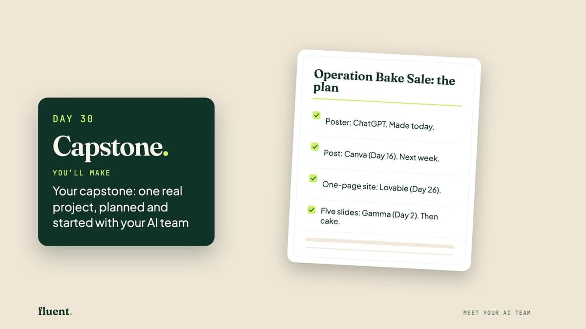 The Day 30 lesson cover: Capstone's own page, with a card that reads Day 30, Capstone.